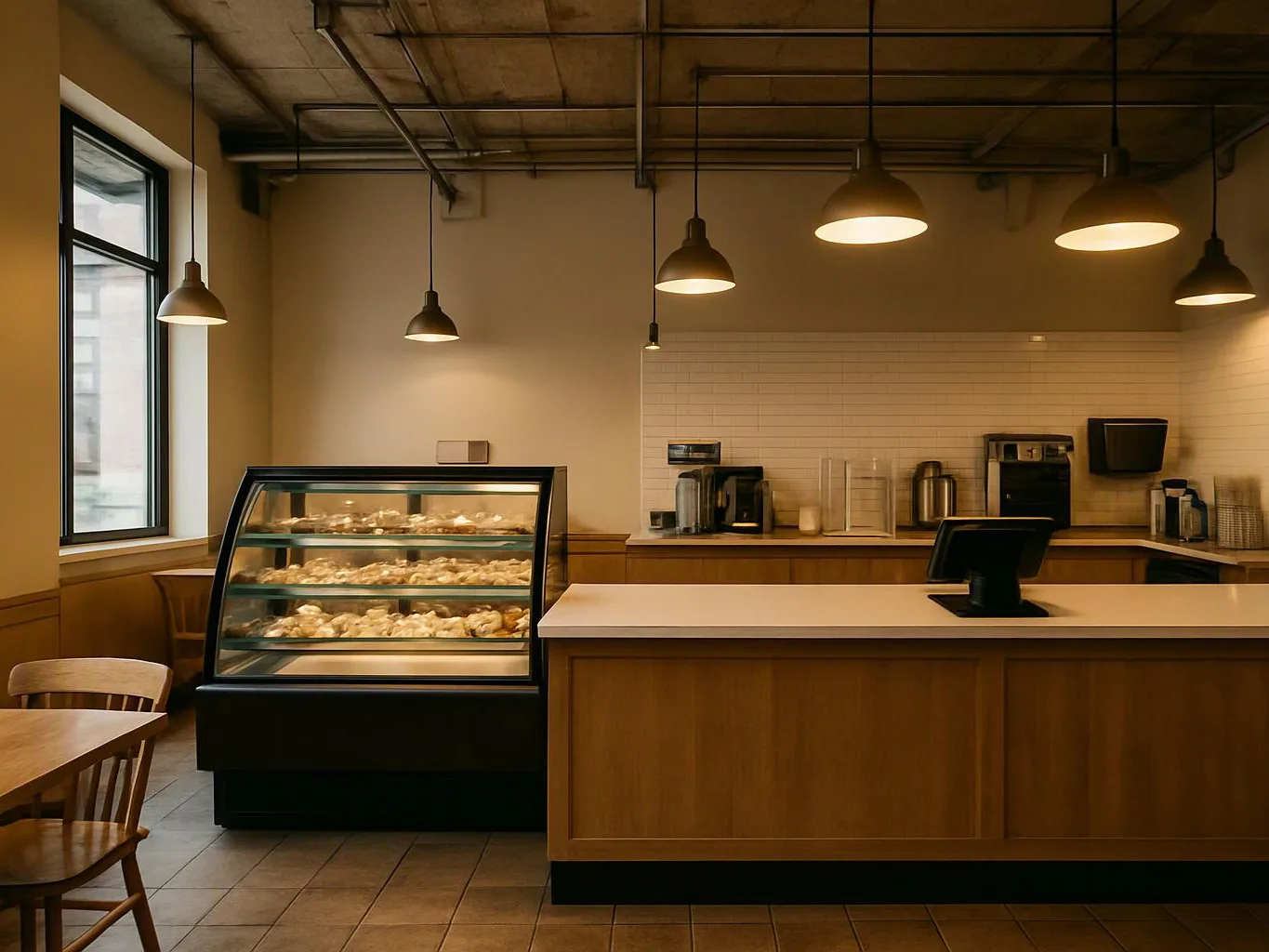 Empty bakery counter with a pastry case, hanging lights, and wooden chairs in a warm tiled shop