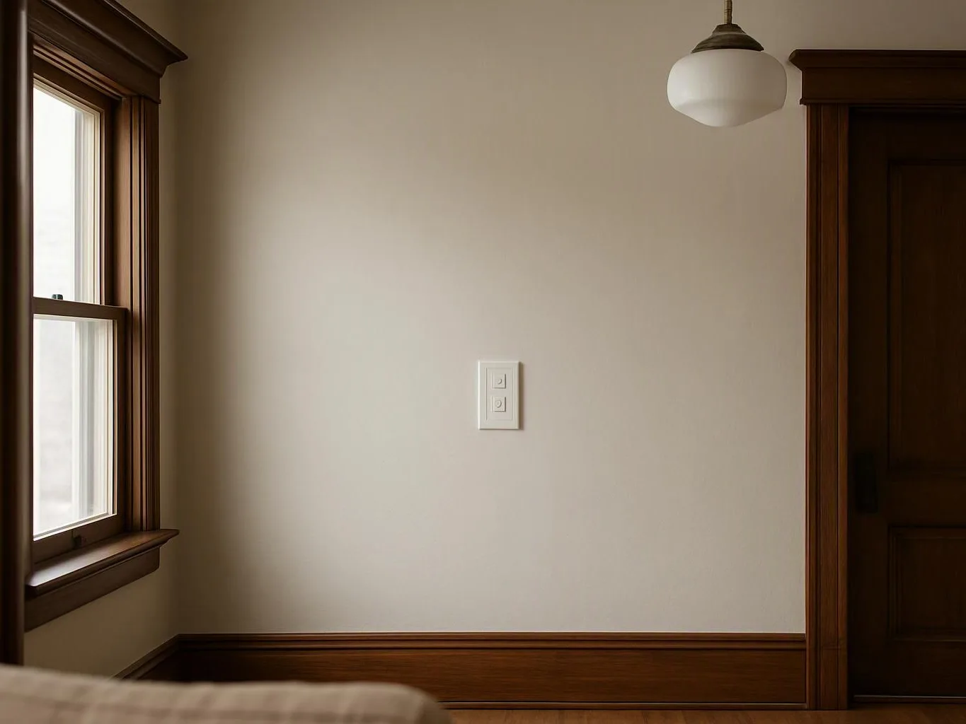 An empty room shows a window, beige wall with a switch, wood trim, and a hanging light