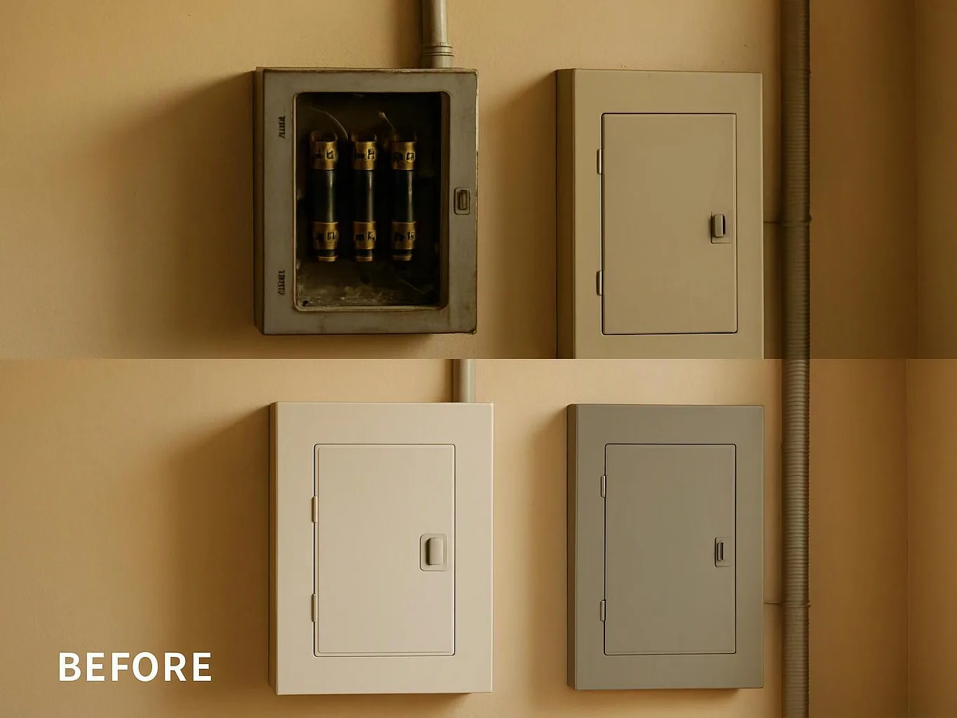 Four electrical breaker panels are mounted on a beige wall