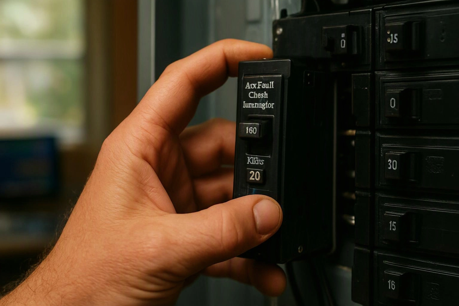 A hand flips a black electrical breaker switch on a panel indoors