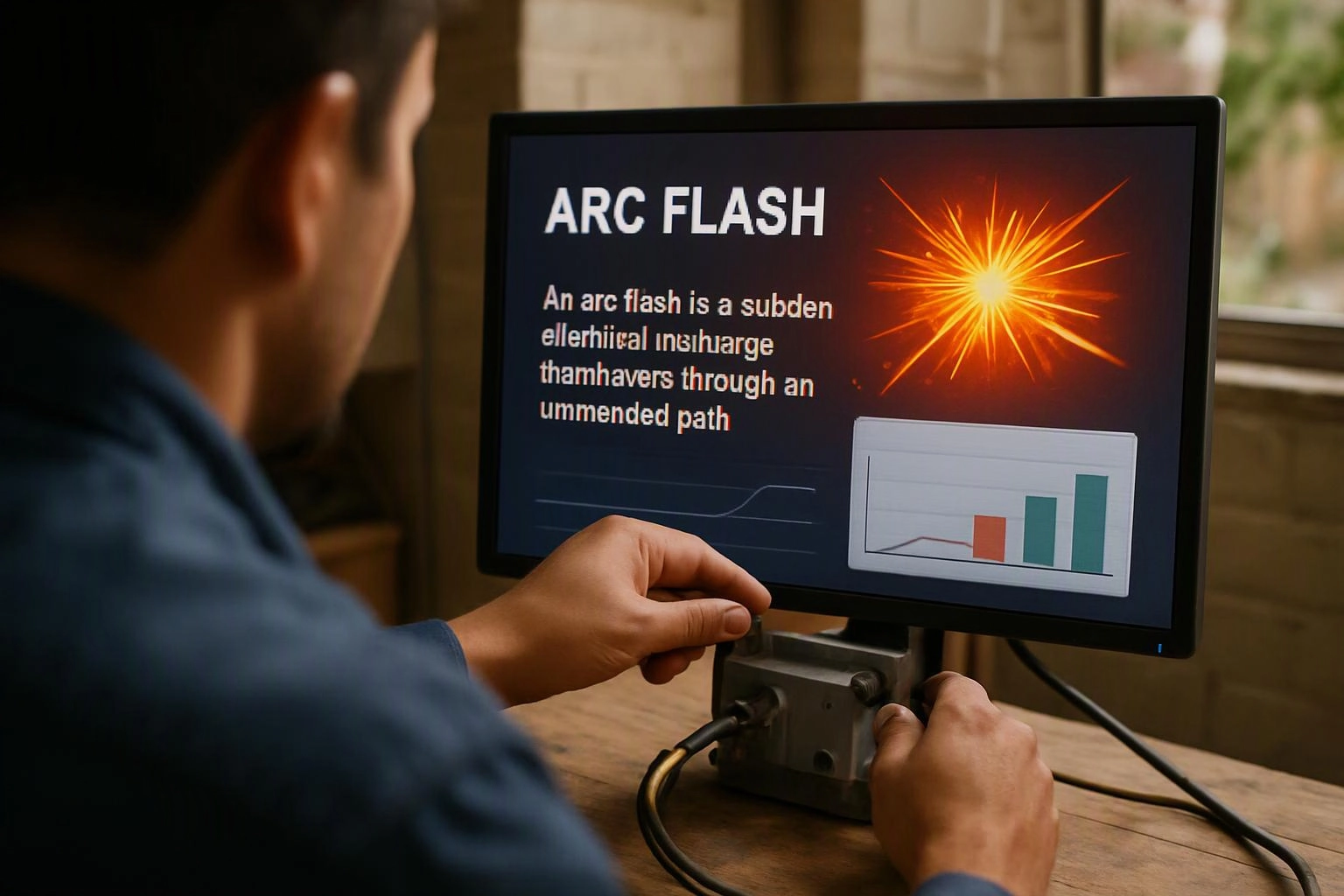 A man adjusts a monitor showing an arc flash slide with a bright burst graphic and bar chart
