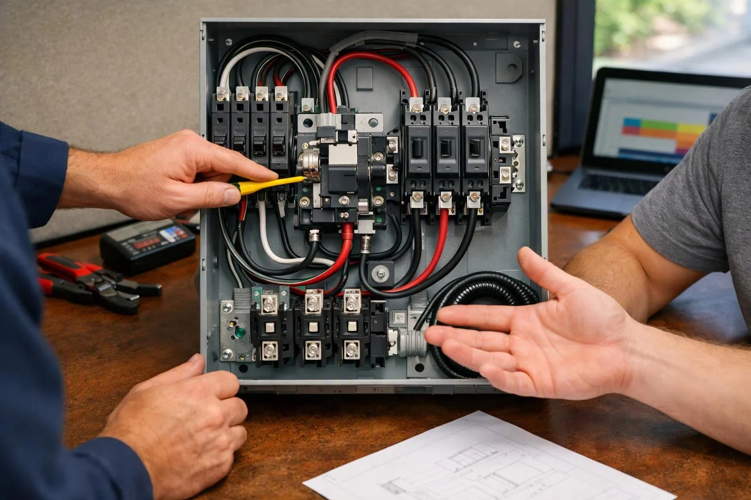 Two people point at an open electrical control panel with wires, breakers, and a laptop on a desk