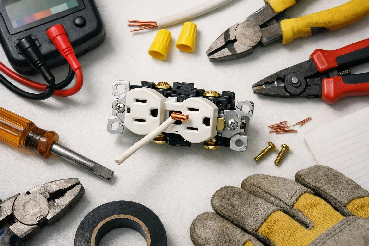 Electrical tools, wire scraps, and gloves surround a damaged outlet on a light work surface