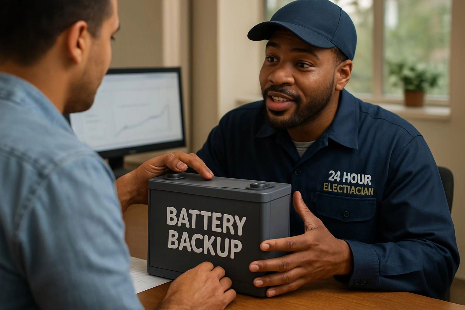 A technician in a cap shows a battery backup box to a man across a desk in an office