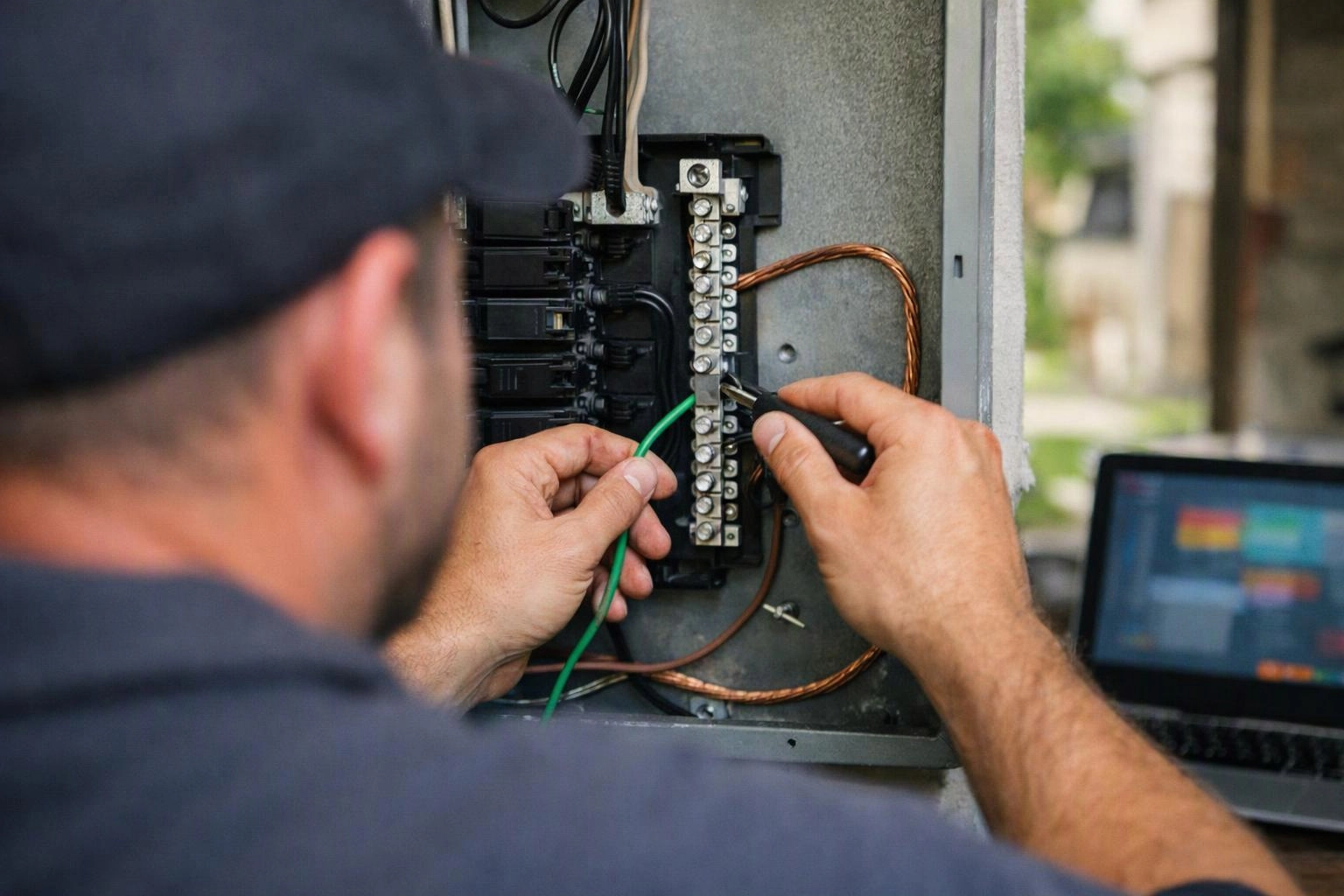 A technician wires an electrical panel with a screwdriver, while a laptop sits beside the open cabinet