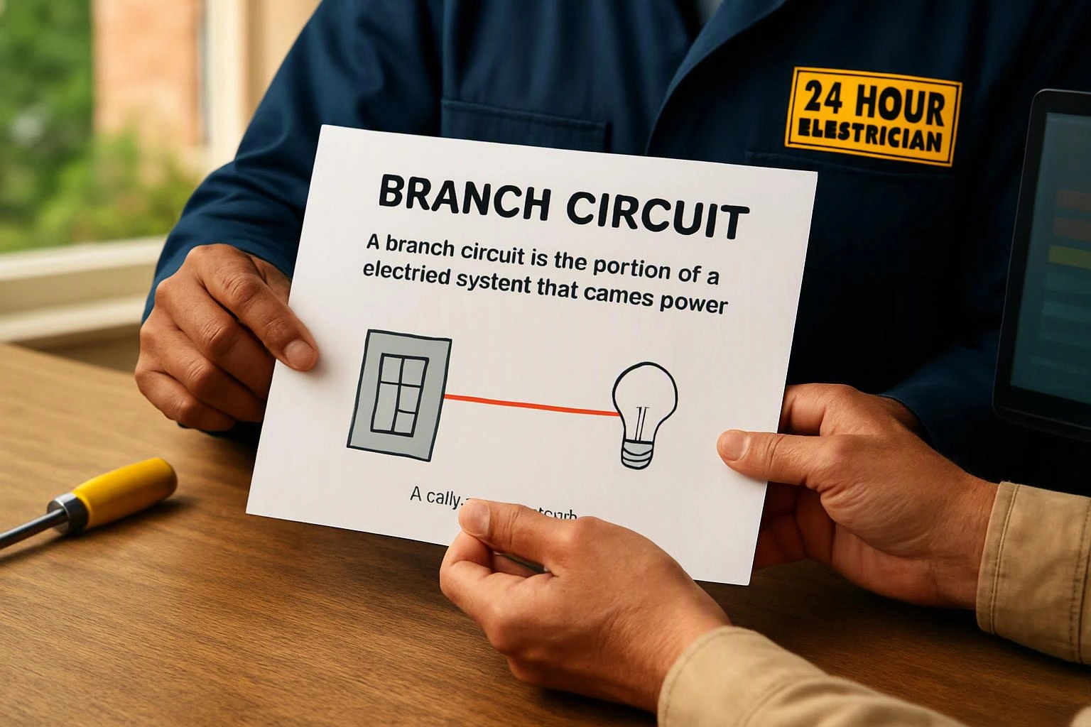 Two people hold a printed branch circuit diagram beside a screwdriver on a wooden table