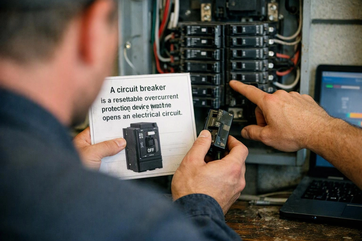 Two people inspect an electrical breaker panel, one pointing at switches while another holds a printed breaker guide