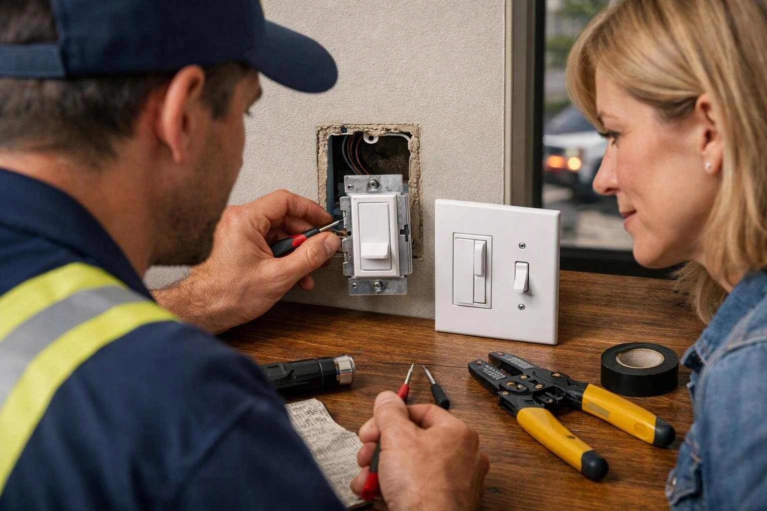 A worker installs a wall light switch while a woman watches beside a table of electrical tools