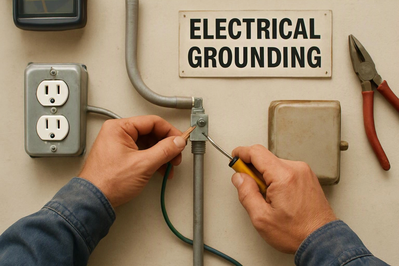 Hands wire an electrical grounding box beside outlets, a sign, and pliers on a wall