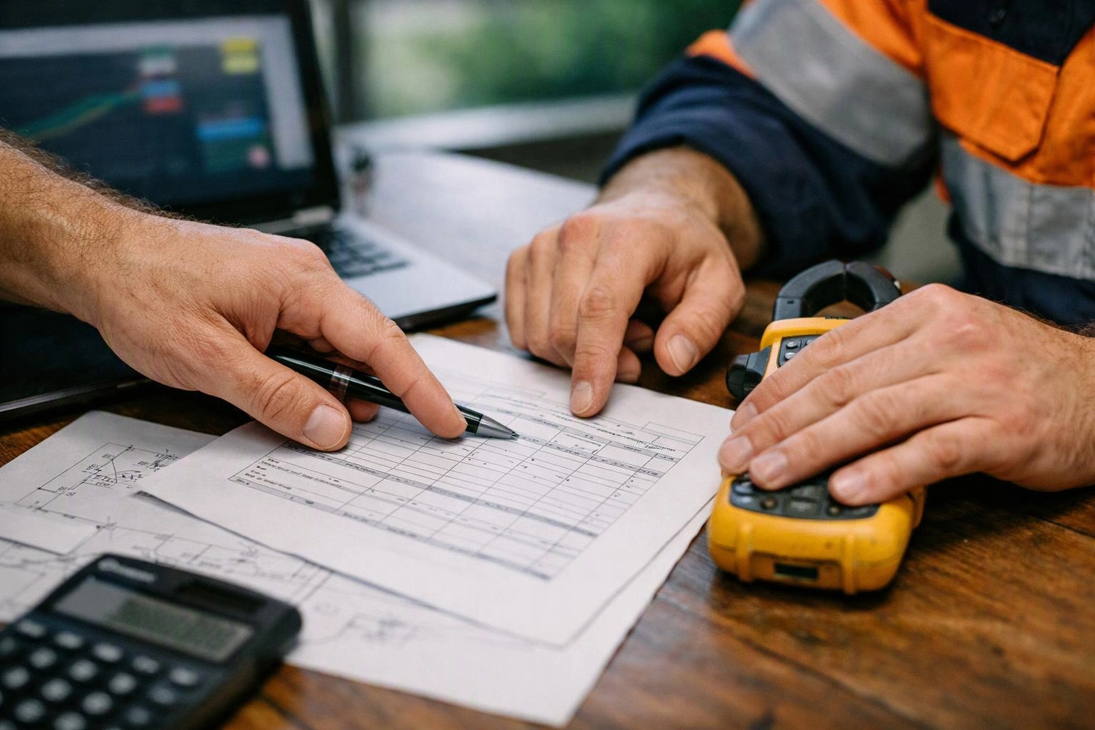 Two people point at a paper form on a wooden table with a laptop, calculator, and yellow measuring device nearby