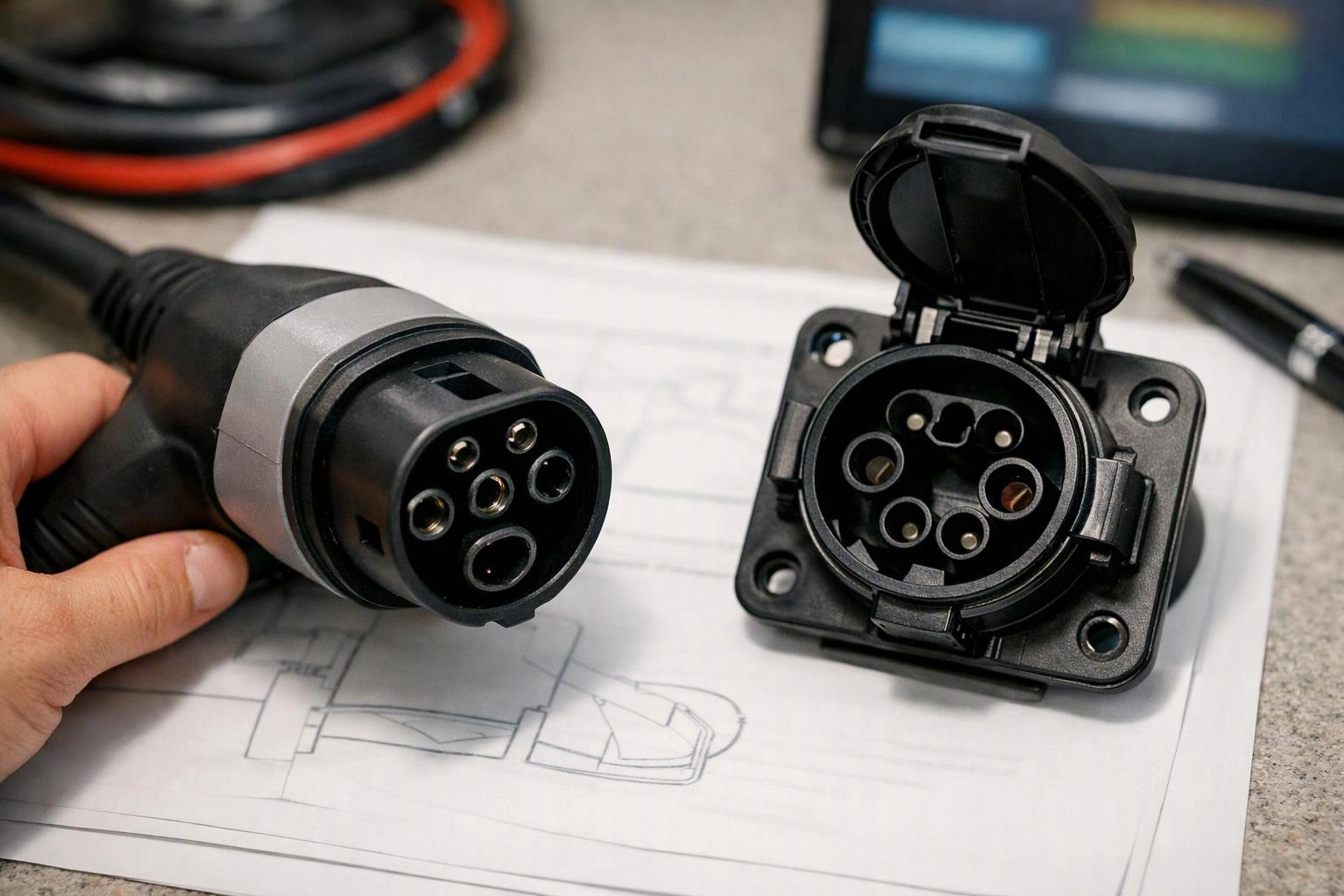 A hand holds an EV charging plug beside an open charging socket on technical drawings