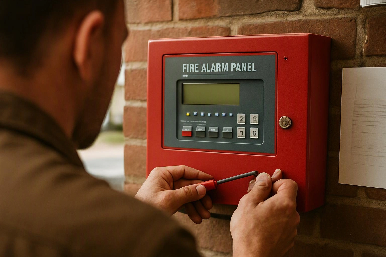 A person uses a screwdriver to open a red fire alarm panel mounted on a brick wall