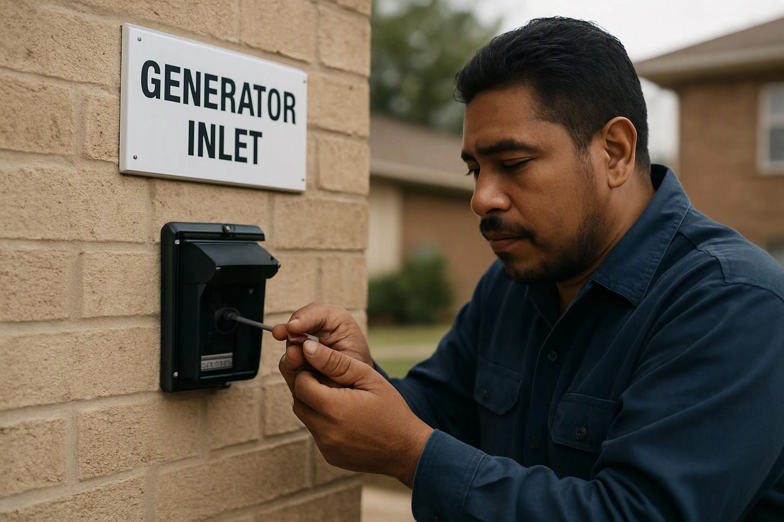 A man uses a screwdriver on a generator inlet mounted on a brick wall outdoors
