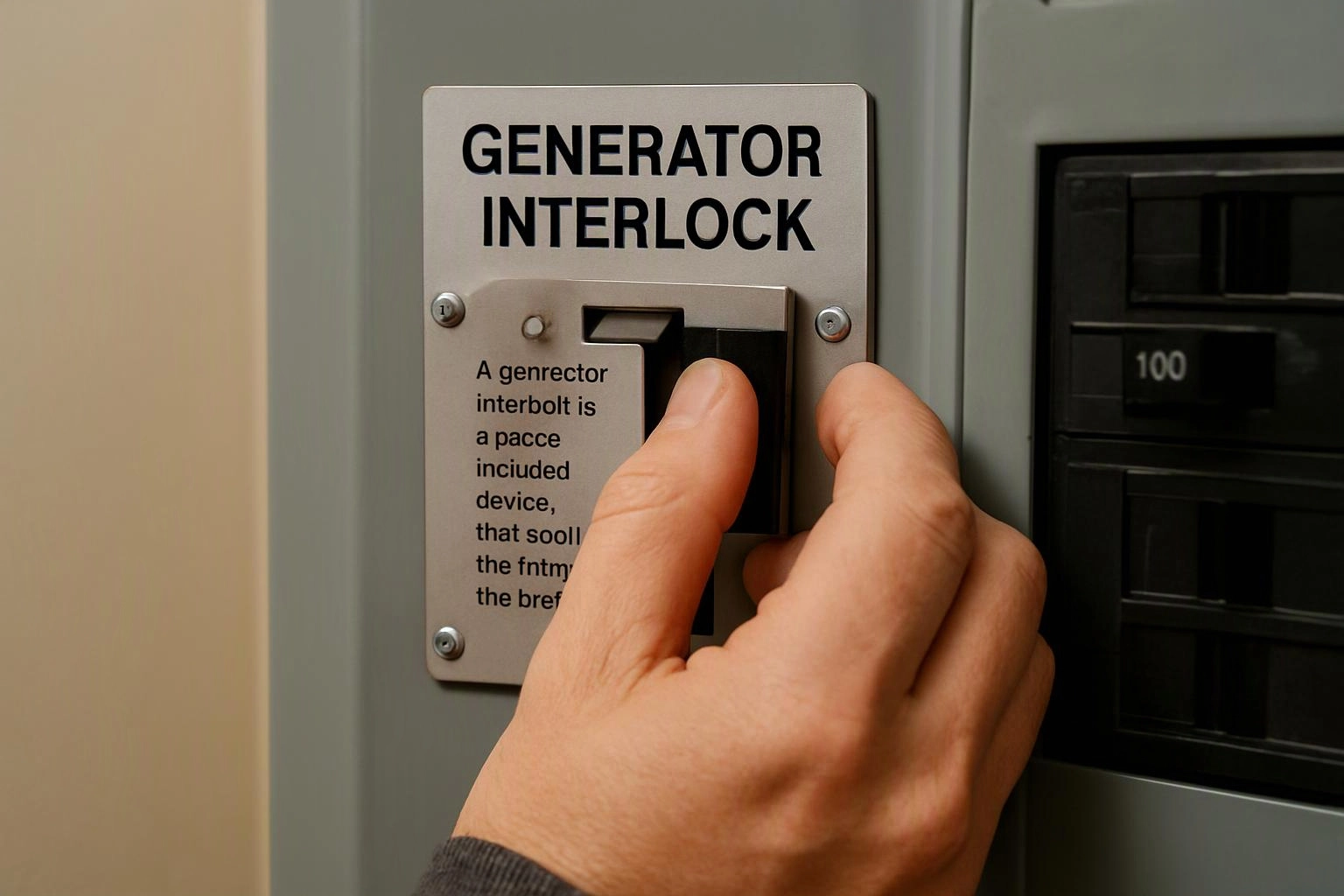 A hand flips a switch on a panel labeled generator interlock beside a breaker box