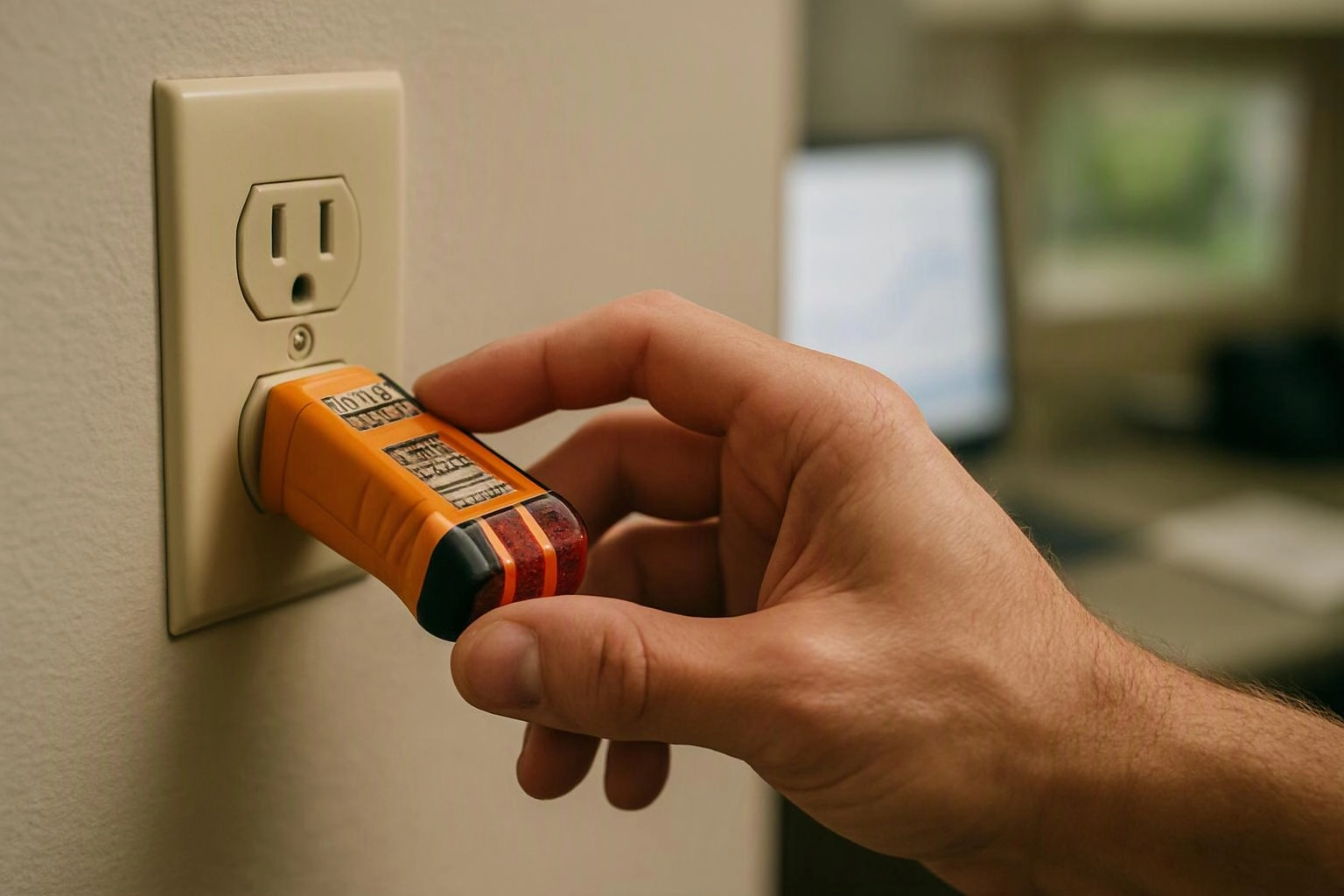 A hand plugs an orange battery pack into a wall outlet in a room with a blurred computer screen
