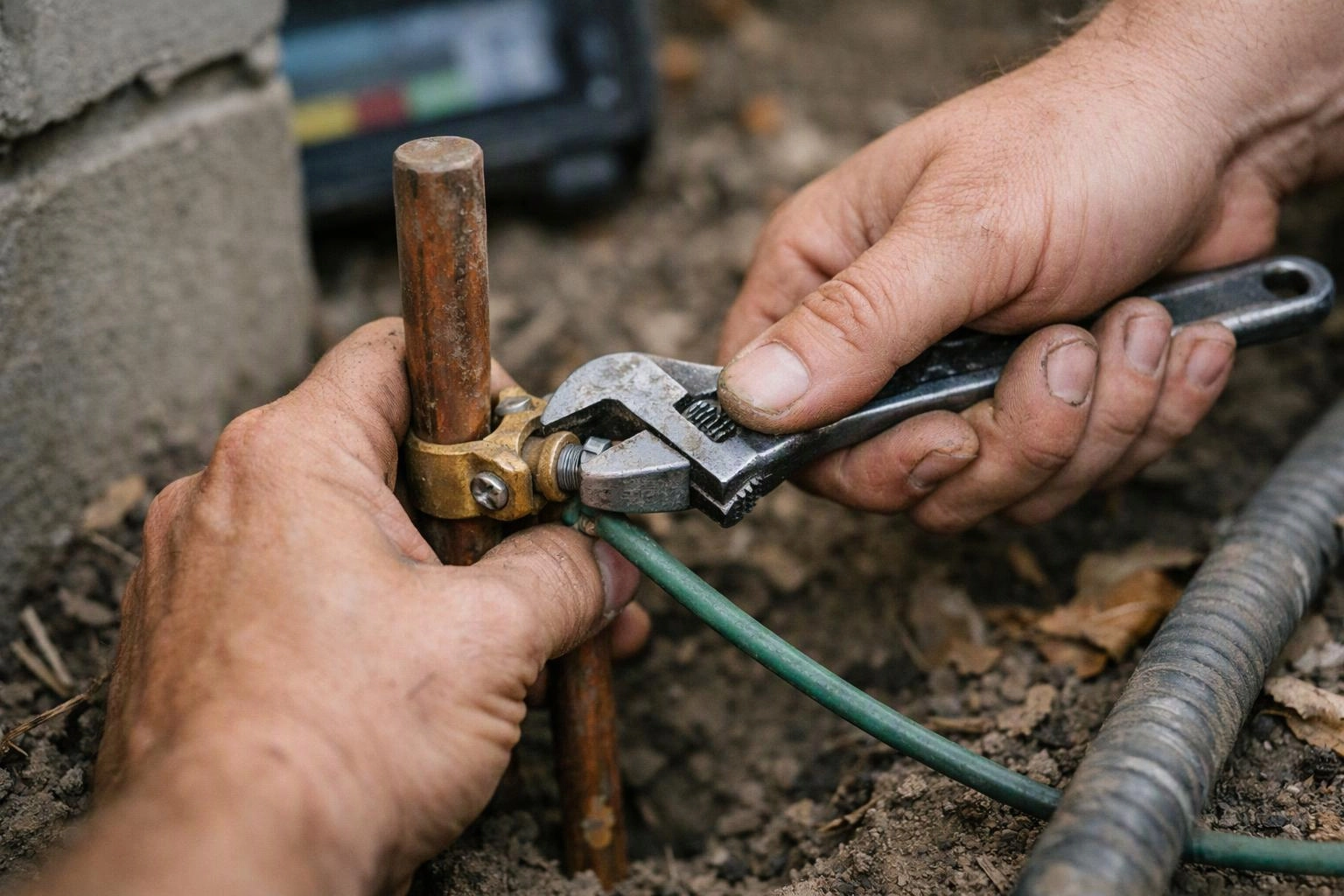 Hands use a wrench to tighten a clamp around a copper rod and green wire in dirt
