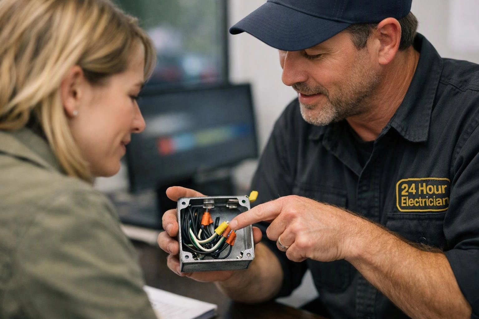 A man in a work shirt shows a woman a wired electrical box indoors