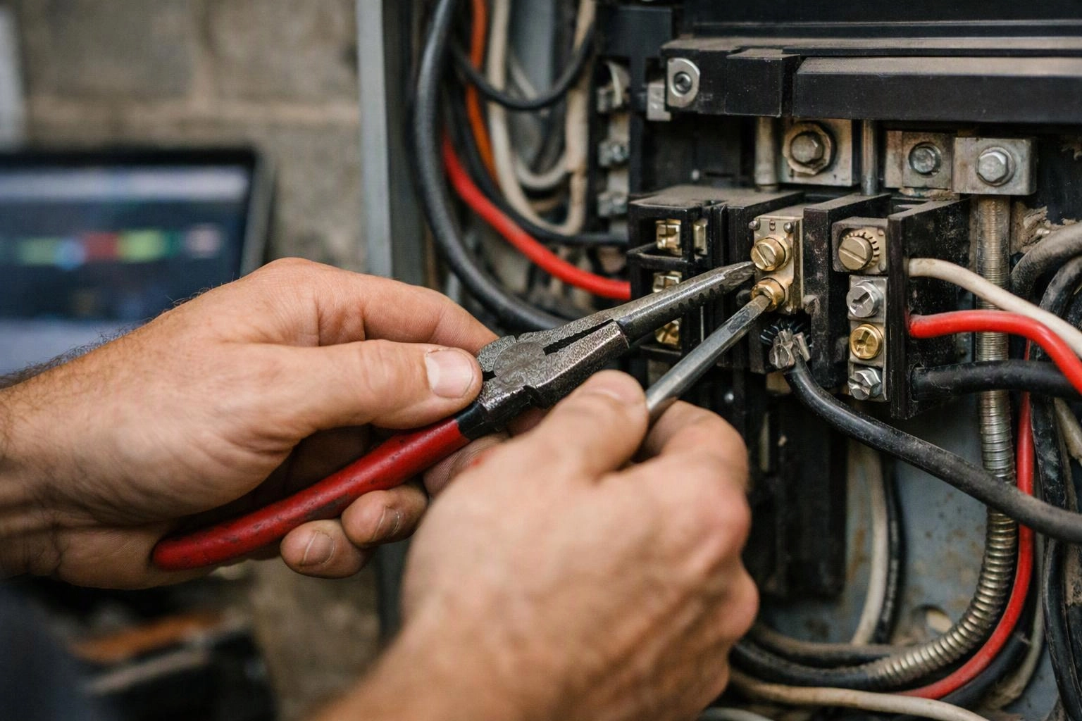 Hands use pliers and a screwdriver to tighten wires inside an electrical control panel
