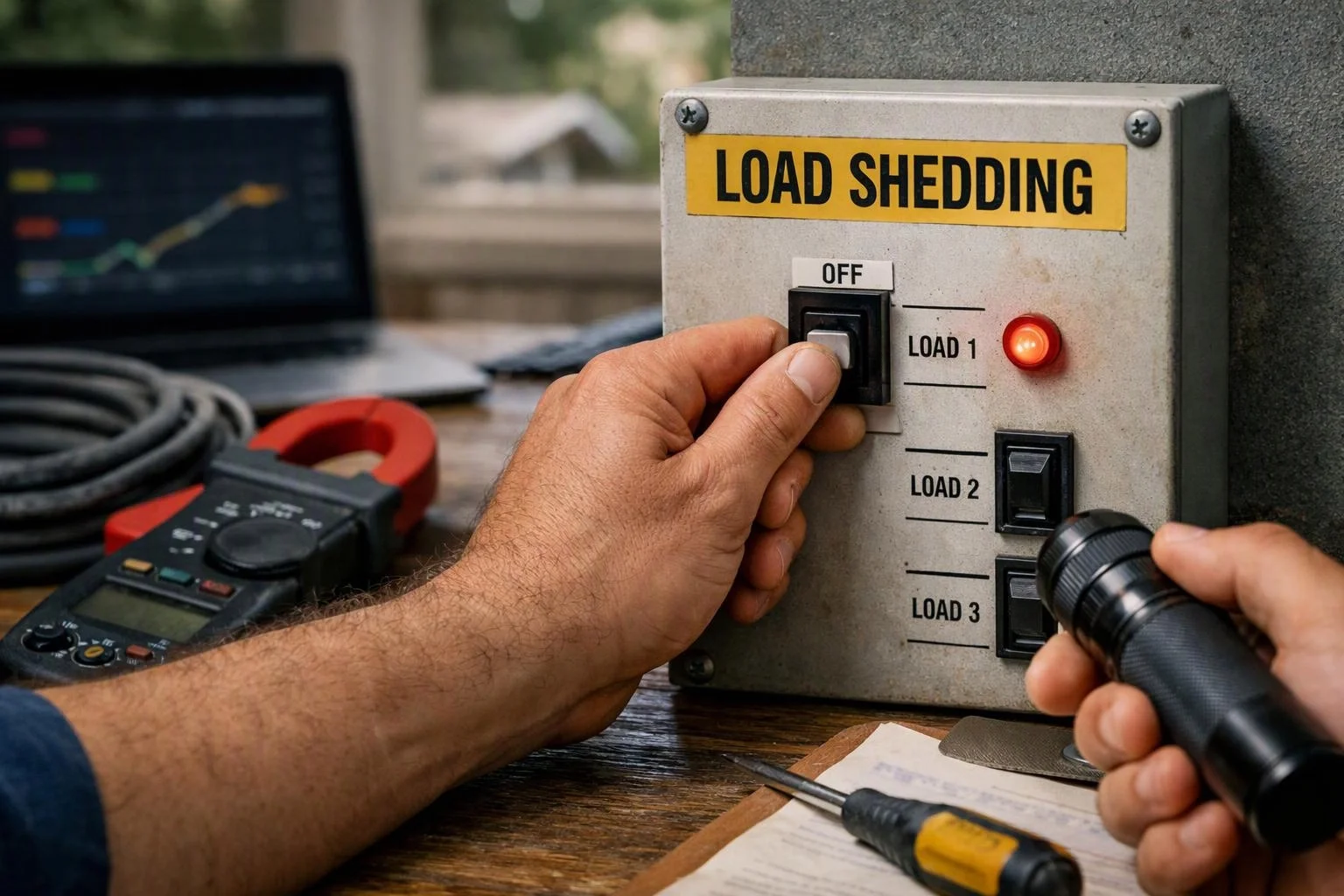A person flips a switch on a load shedding control box beside testing tools on a workbench