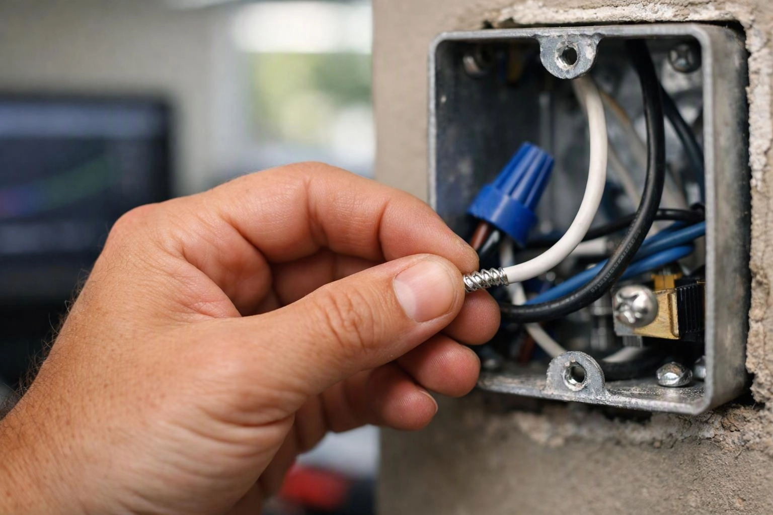 A hand twists a white wire inside an open electrical wall box with blue and black wires exposed