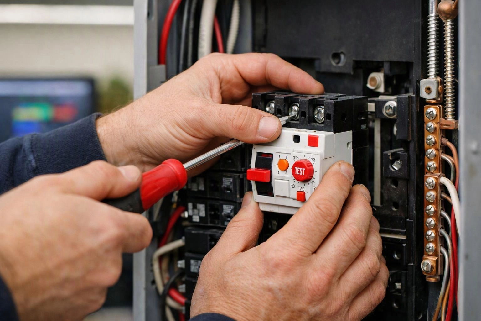 Hands adjust a circuit breaker inside an electrical panel with a screwdriver and wiring visible