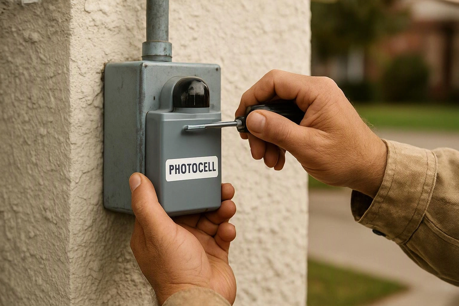 Hands adjust a gray photocell box mounted on a stucco wall with a screwdriver