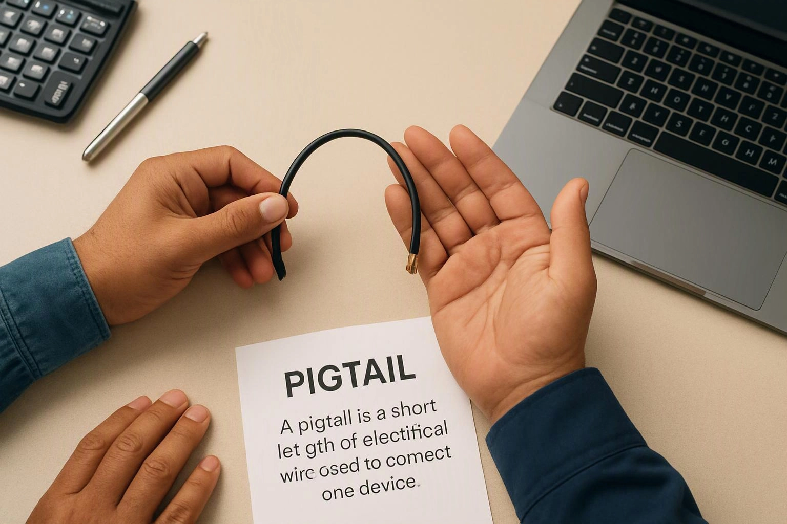 Hands hold a short black wire over a desk beside a laptop and a card labeled PIGTAIL