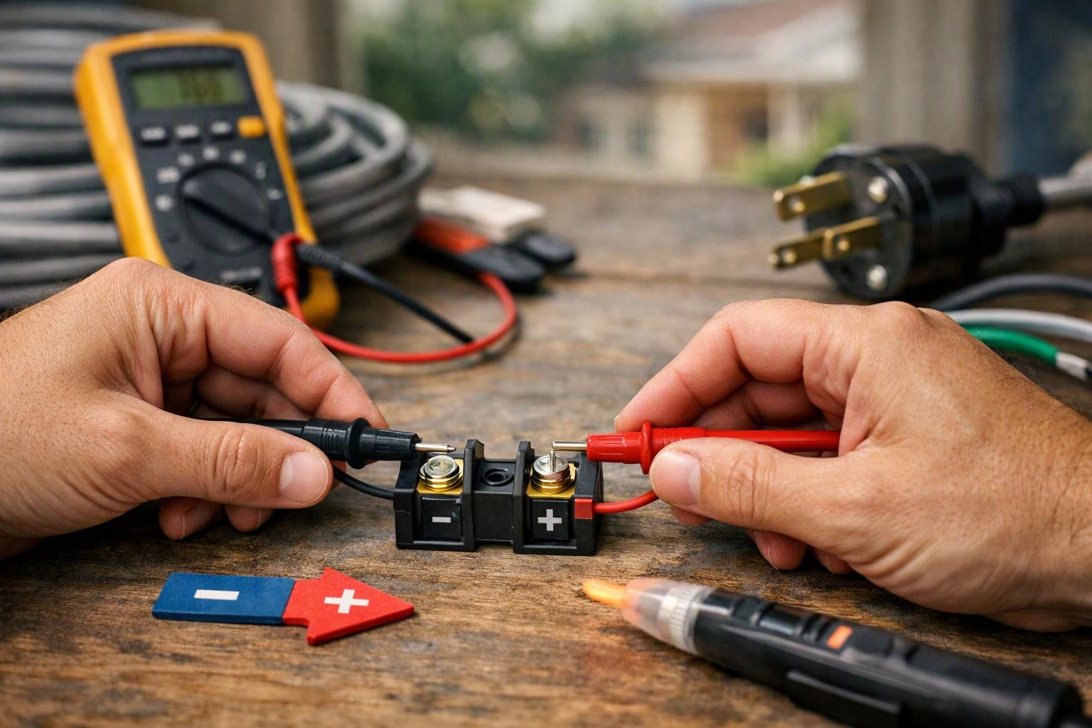 Hands connect multimeter probes to a small terminal block on a wooden workbench