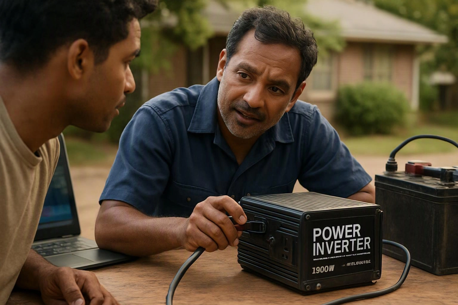 Two men talk beside a wooden table, one holding a black power inverter near a battery and laptop outside a house