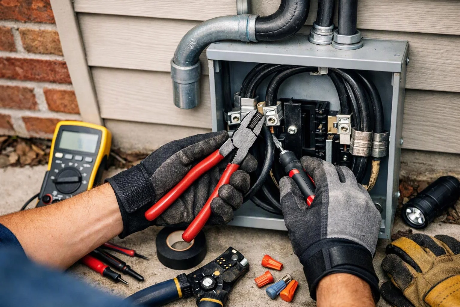 Gloved hands use pliers and a screwdriver to repair wiring inside an outdoor electrical box beside a house wall