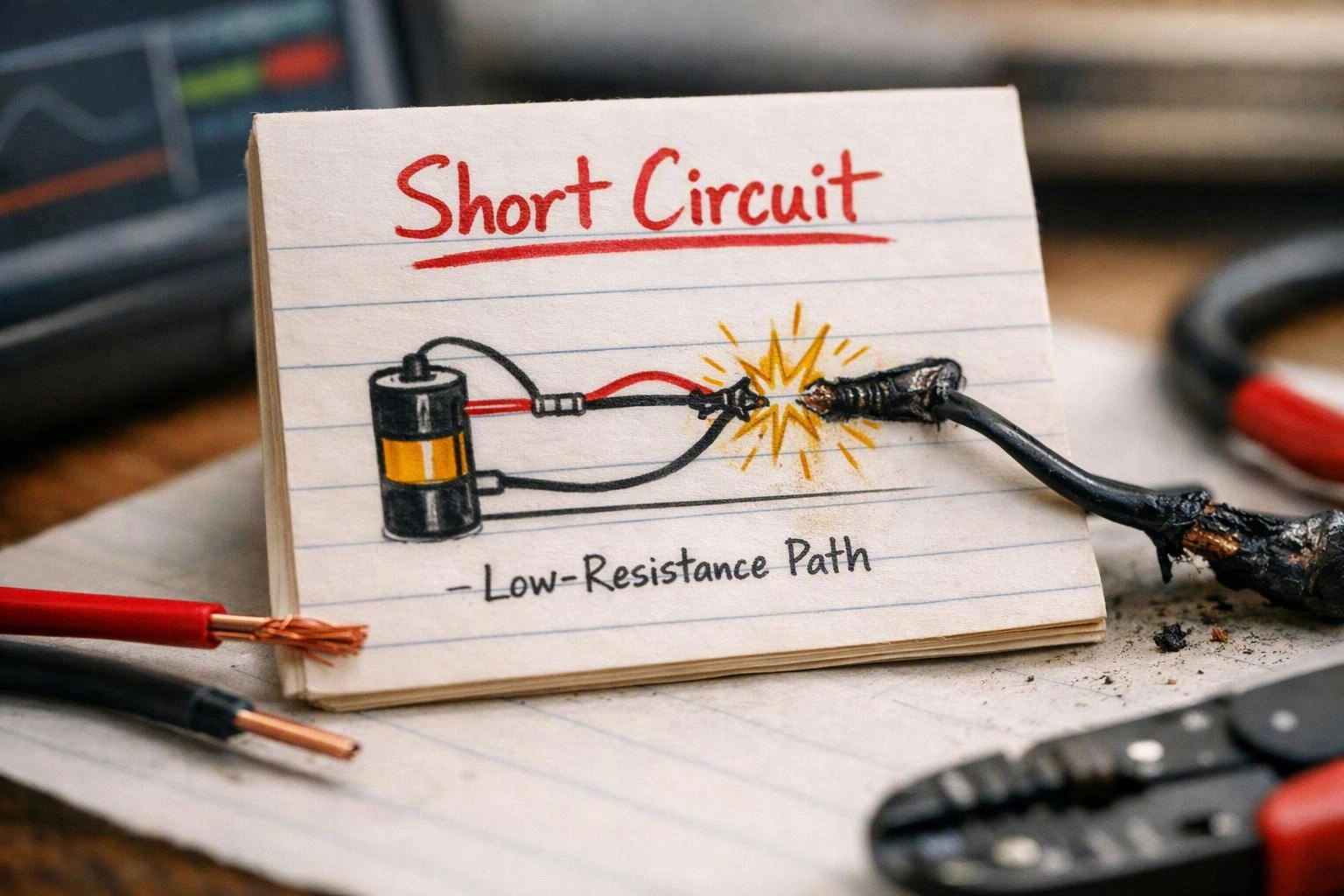 A notebook page shows a hand-drawn short circuit diagram with burnt wires and exposed copper on a desk