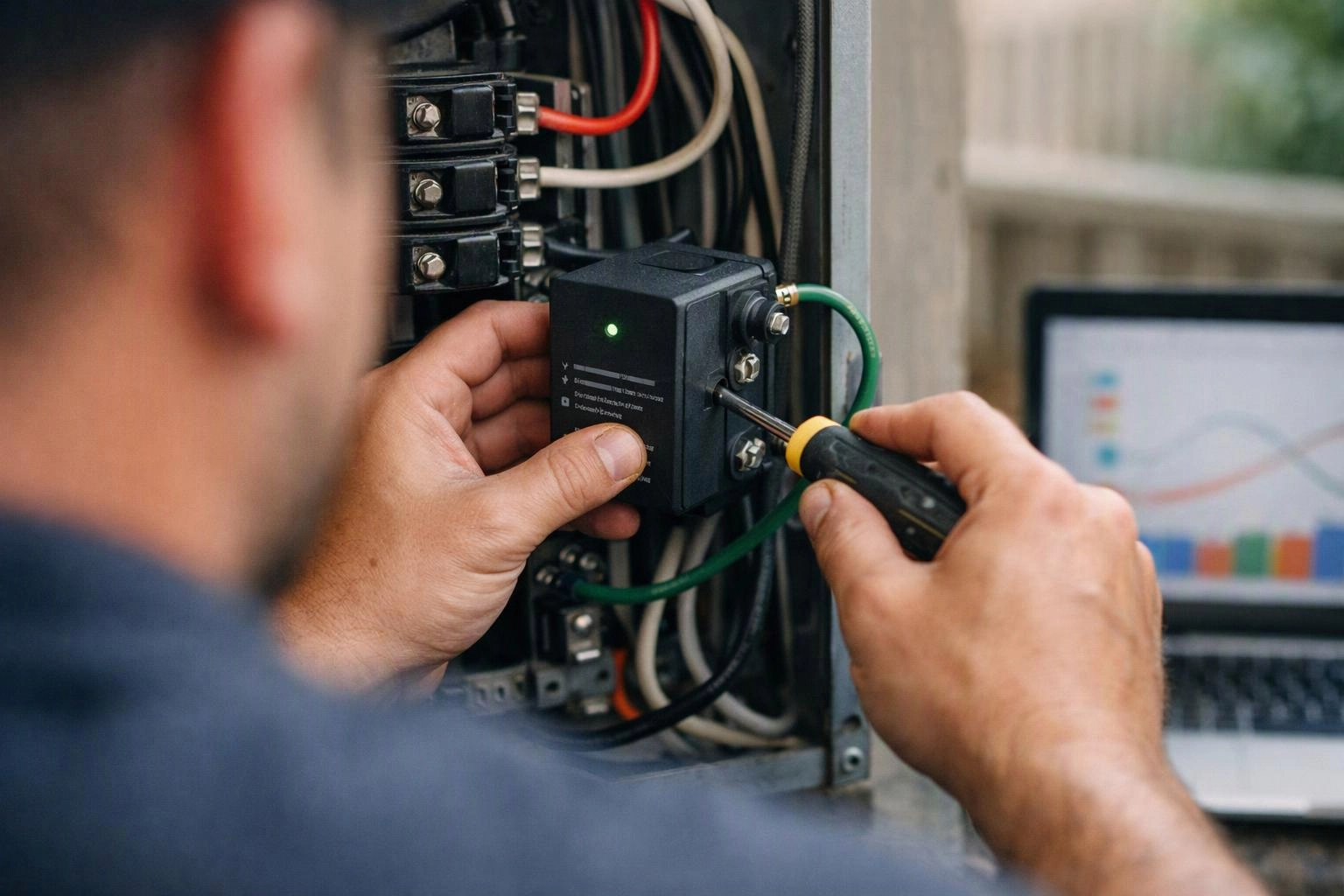 A technician adjusts wiring inside an electrical panel while a laptop displays a chart nearby