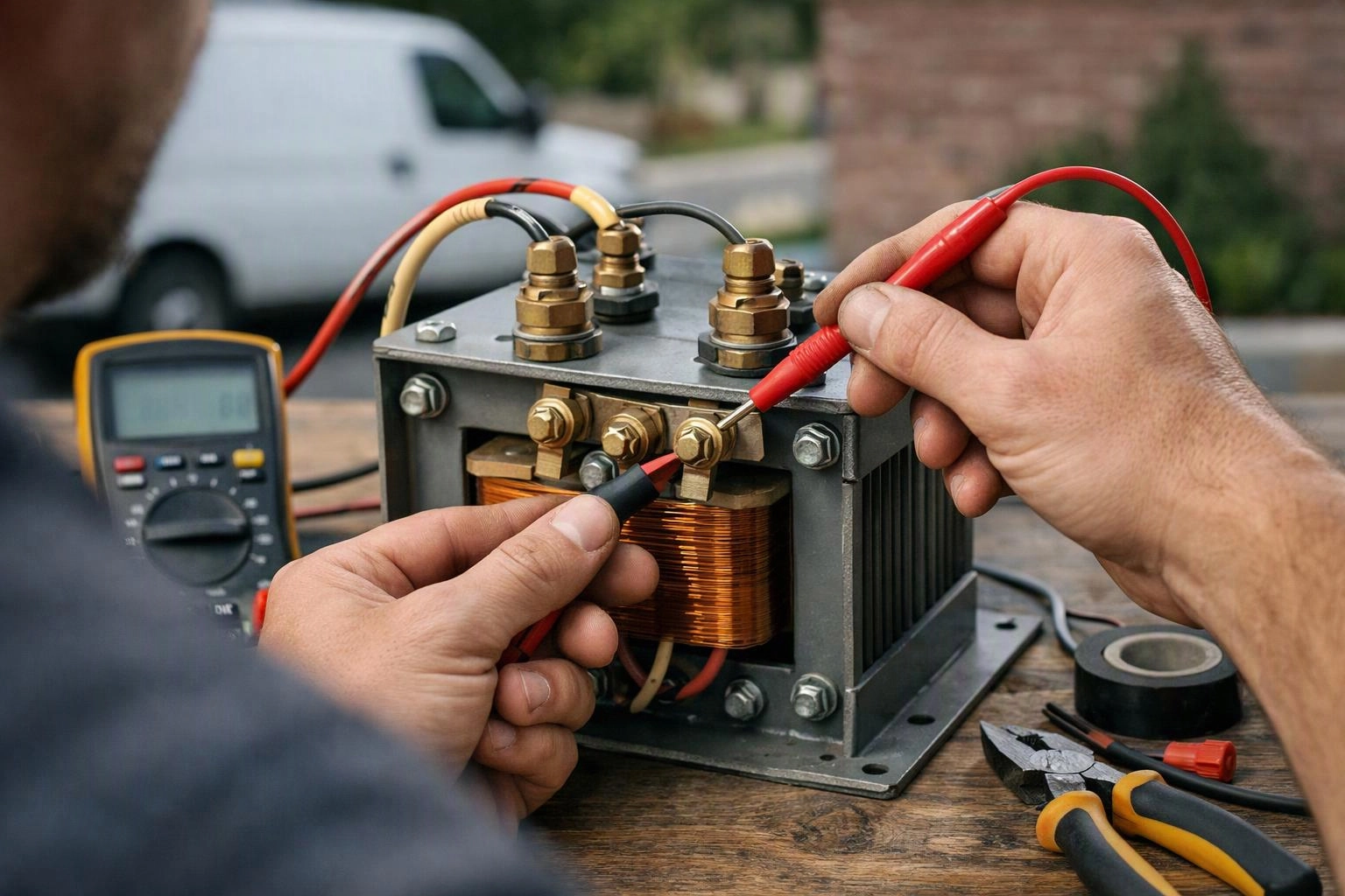 Two hands test a metal electrical transformer with a multimeter on a wooden workbench