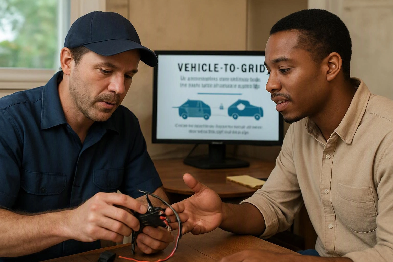 Two men examine a small wired device at a desk, with a vehicle-to-grid diagram on a monitor behind them