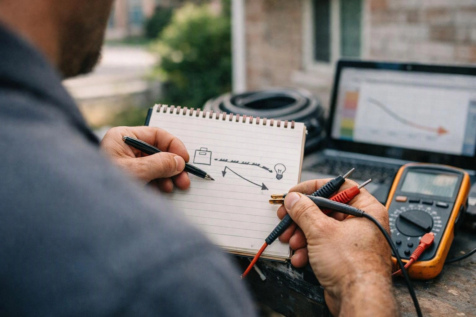 A person sketches an electrical diagram in a notebook beside a multimeter and laptop outdoors