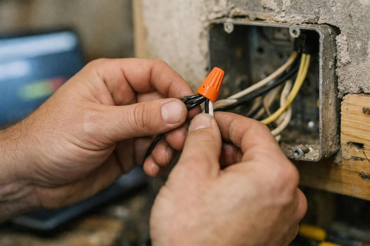 Hands twist electrical wires together inside an open wall outlet box with an orange wire nut