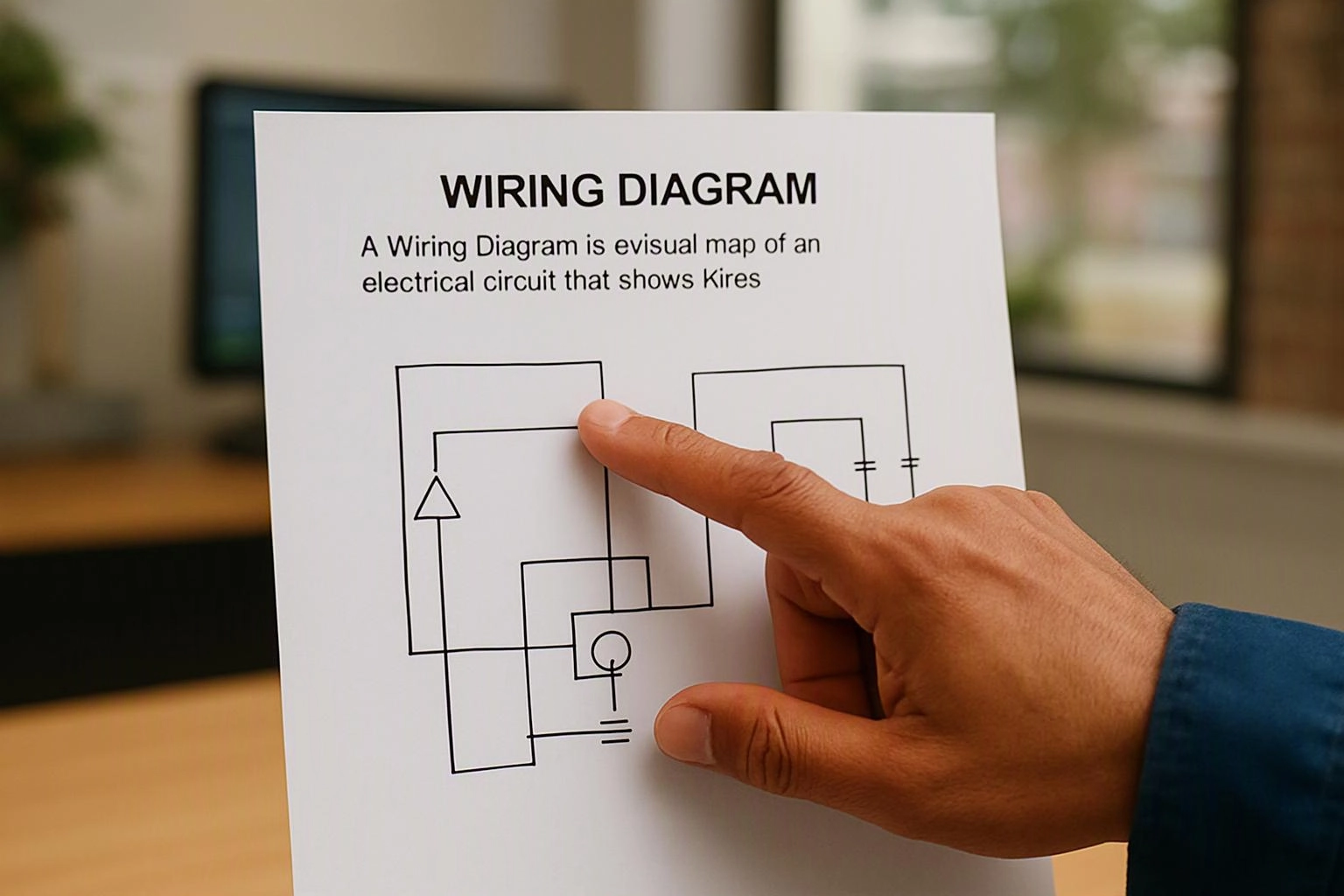 A hand points at a wiring diagram on white paper in a blurred office setting