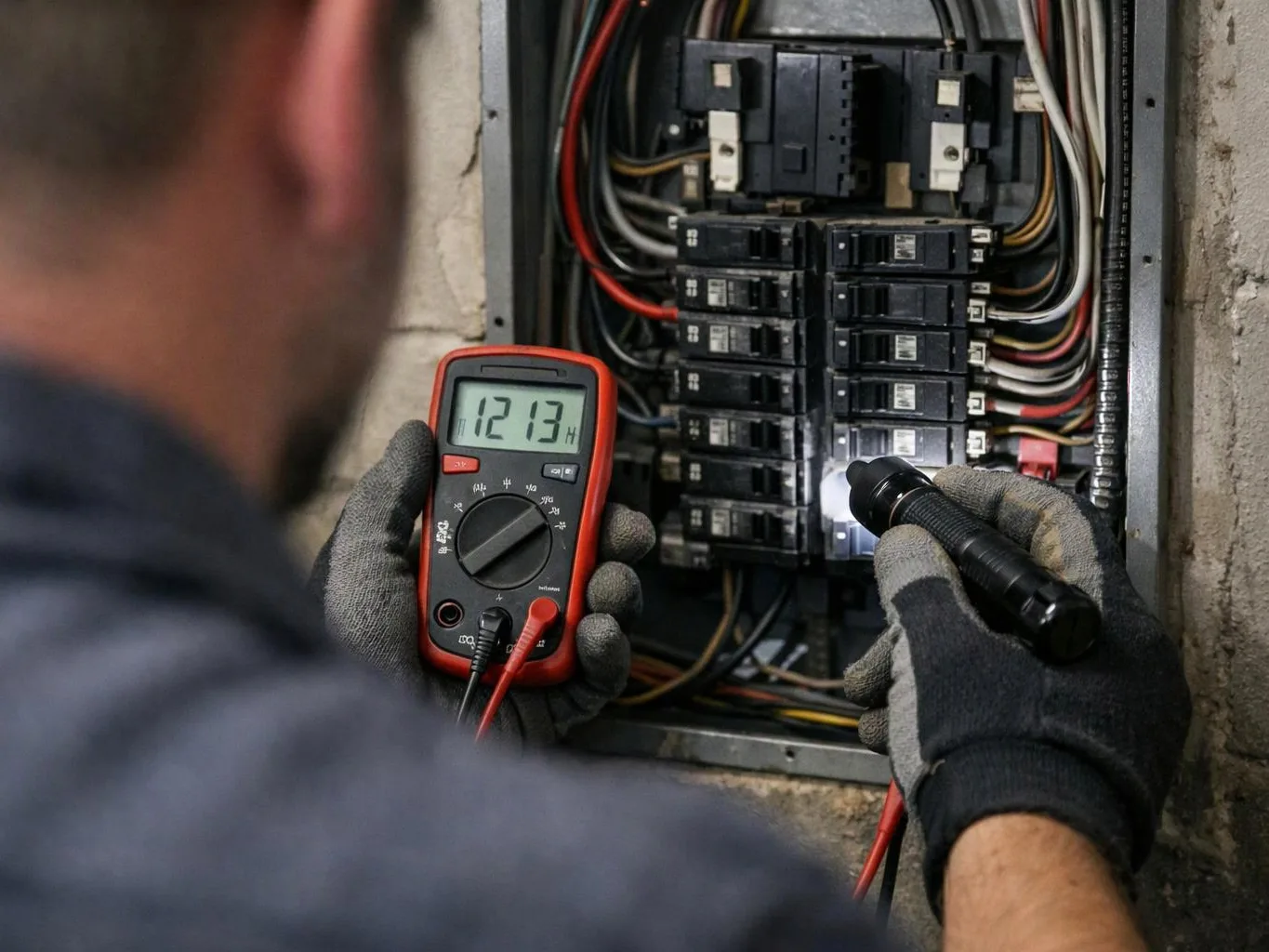 A gloved electrician tests a breaker panel with a multimeter and flashlight in a wall recess