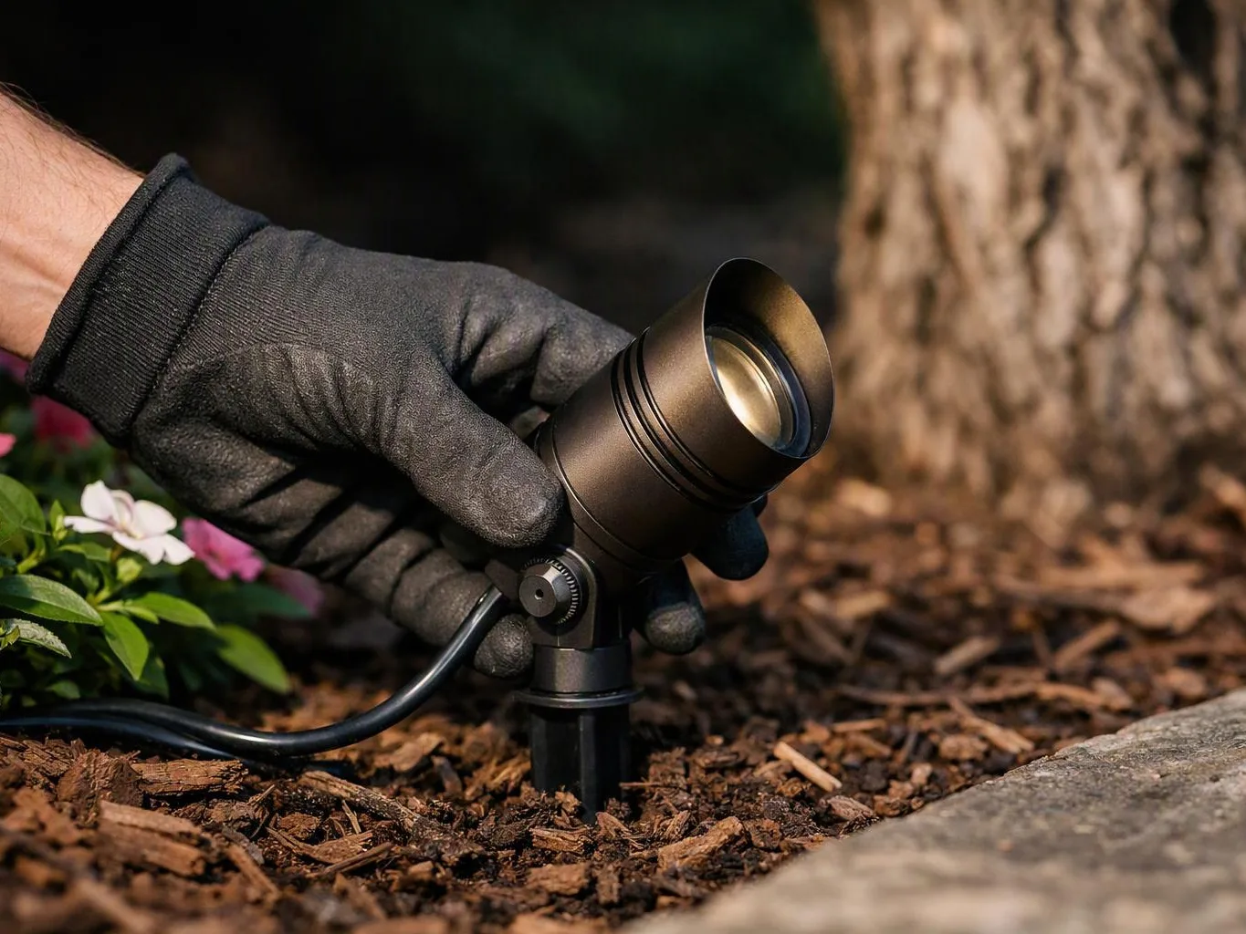 A gloved hand adjusts a small black outdoor spotlight in wood mulch beside flowers and a tree trunk