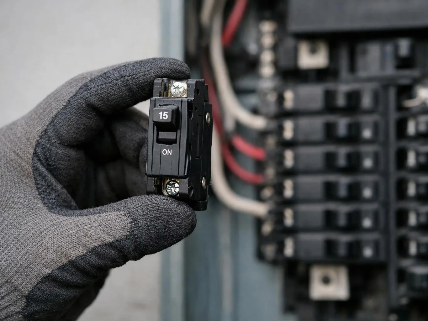 A gloved hand holds a 15-amp circuit breaker in front of an electrical panel