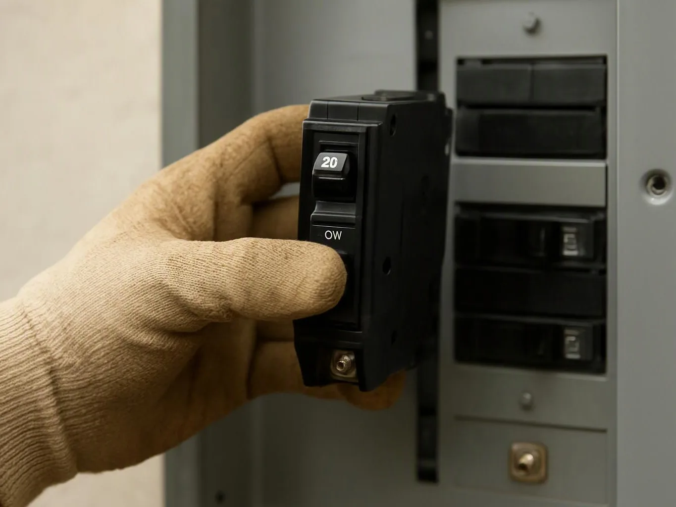 A gloved hand holds a 20 amp breaker beside an open electrical panel indoors