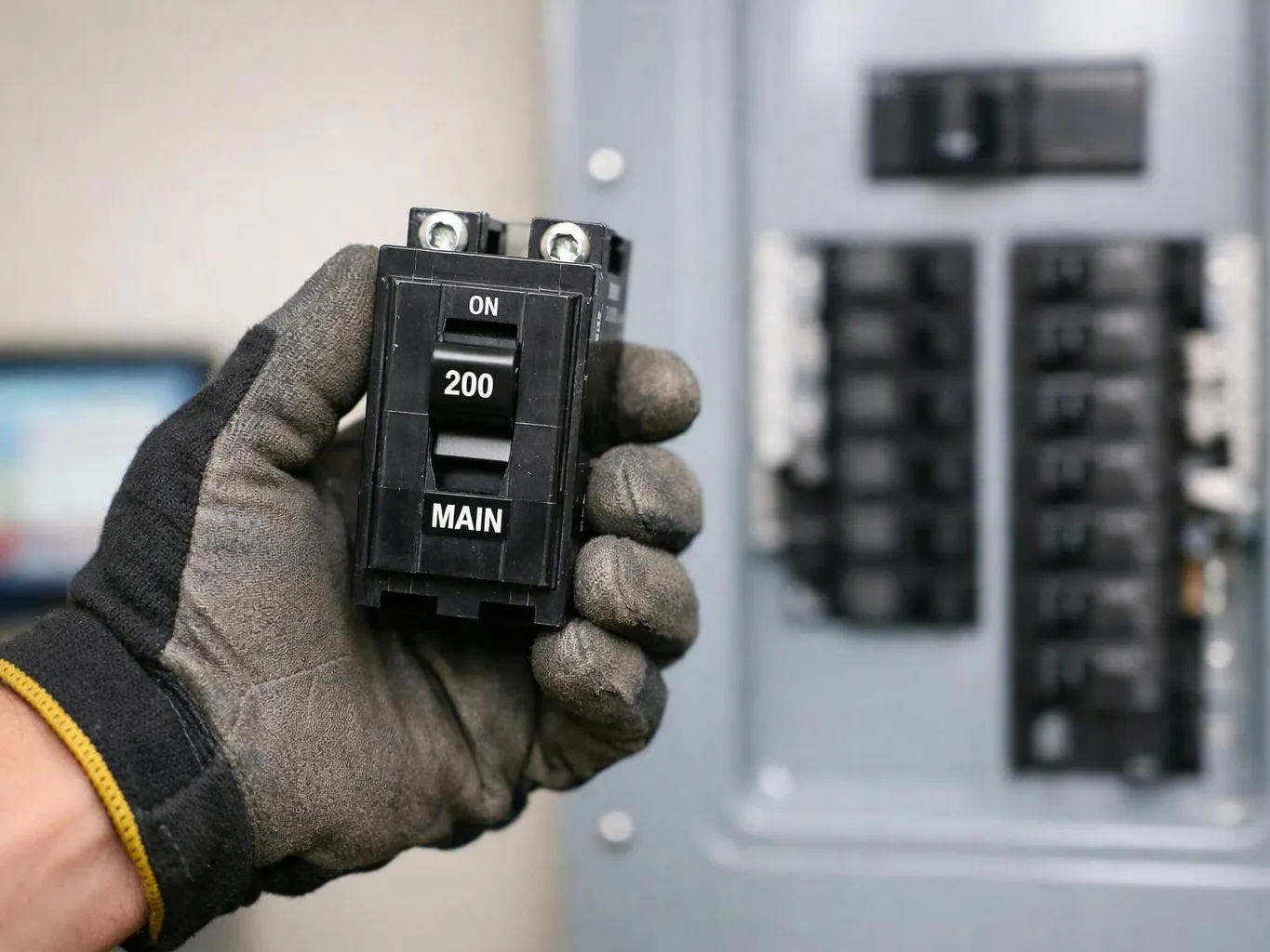 Gloved hand holds a black electrical circuit breaker labeled ON, 200, and MAIN in front of a panel
