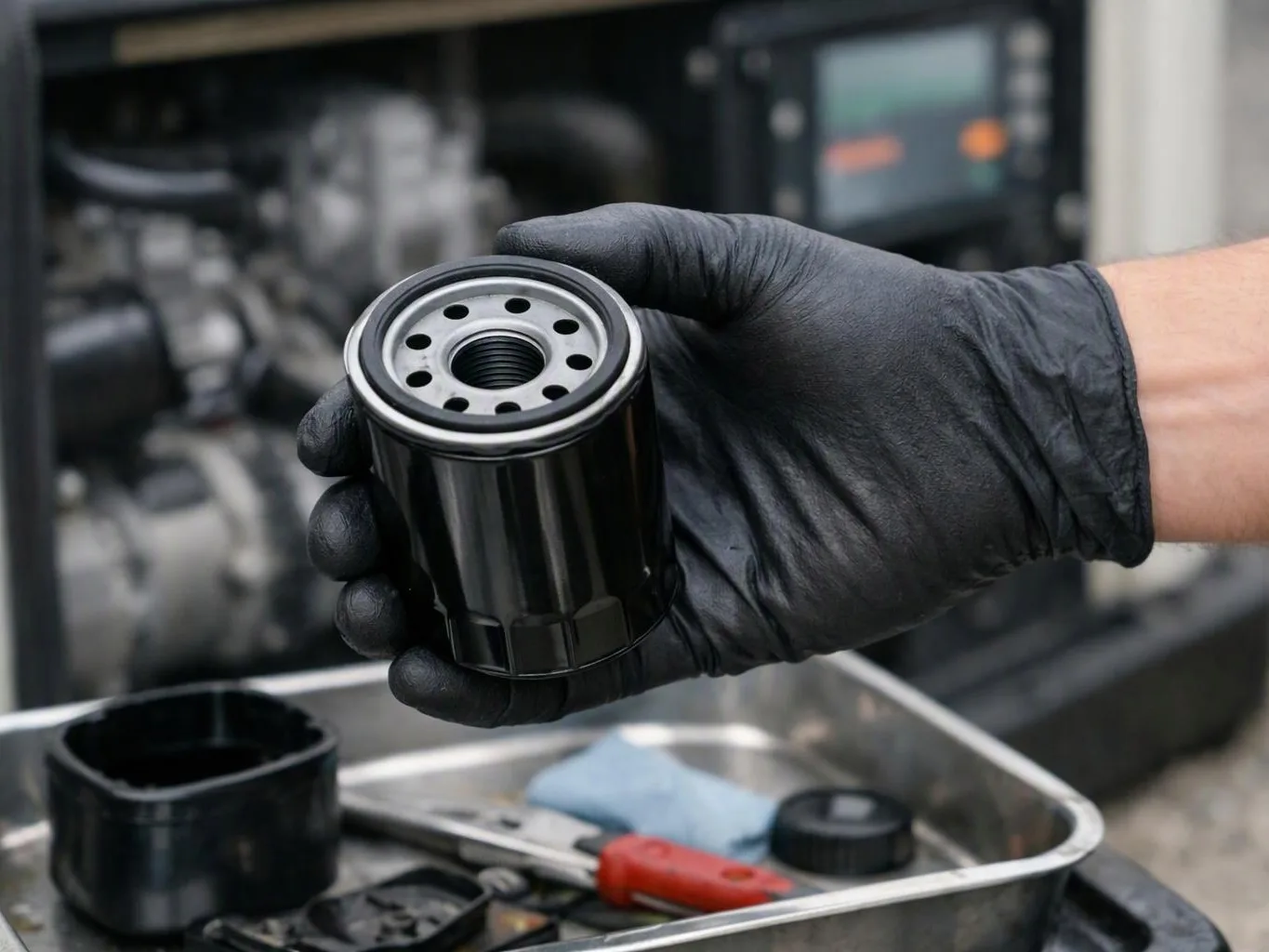 A gloved hand holds a black oil filter above a tray of tools in an engine bay