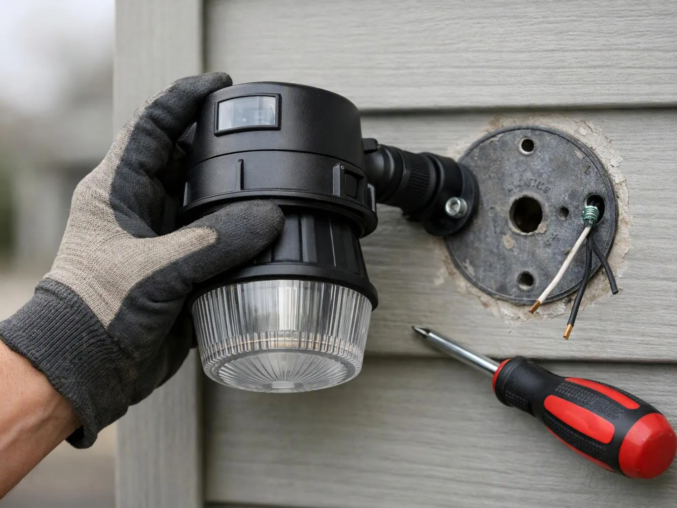 A gloved hand holds a black outdoor light fixture beside exposed wires and a screwdriver on gray siding