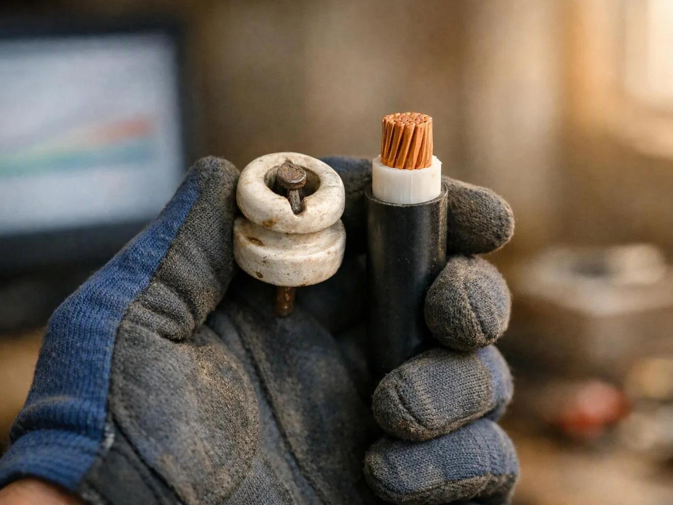 A gloved hand holds a ceramic wheel and a cut electrical cable with exposed copper strands