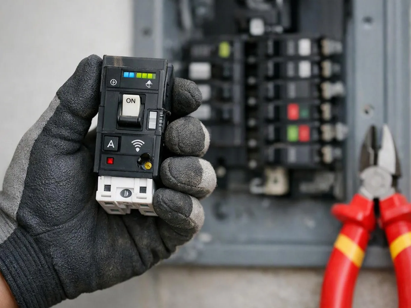 A gloved hand holds a circuit breaker module in front of an open electrical panel, with red-handled pliers nearby