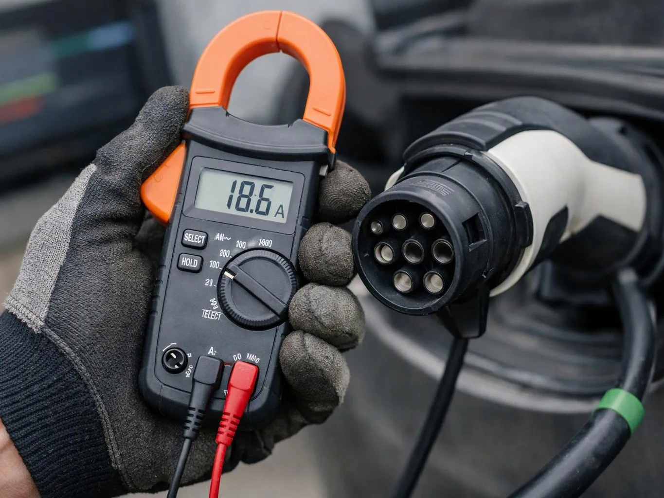 A gloved hand holds a clamp meter beside a charging cable plug, showing 18.6 amps on the display
