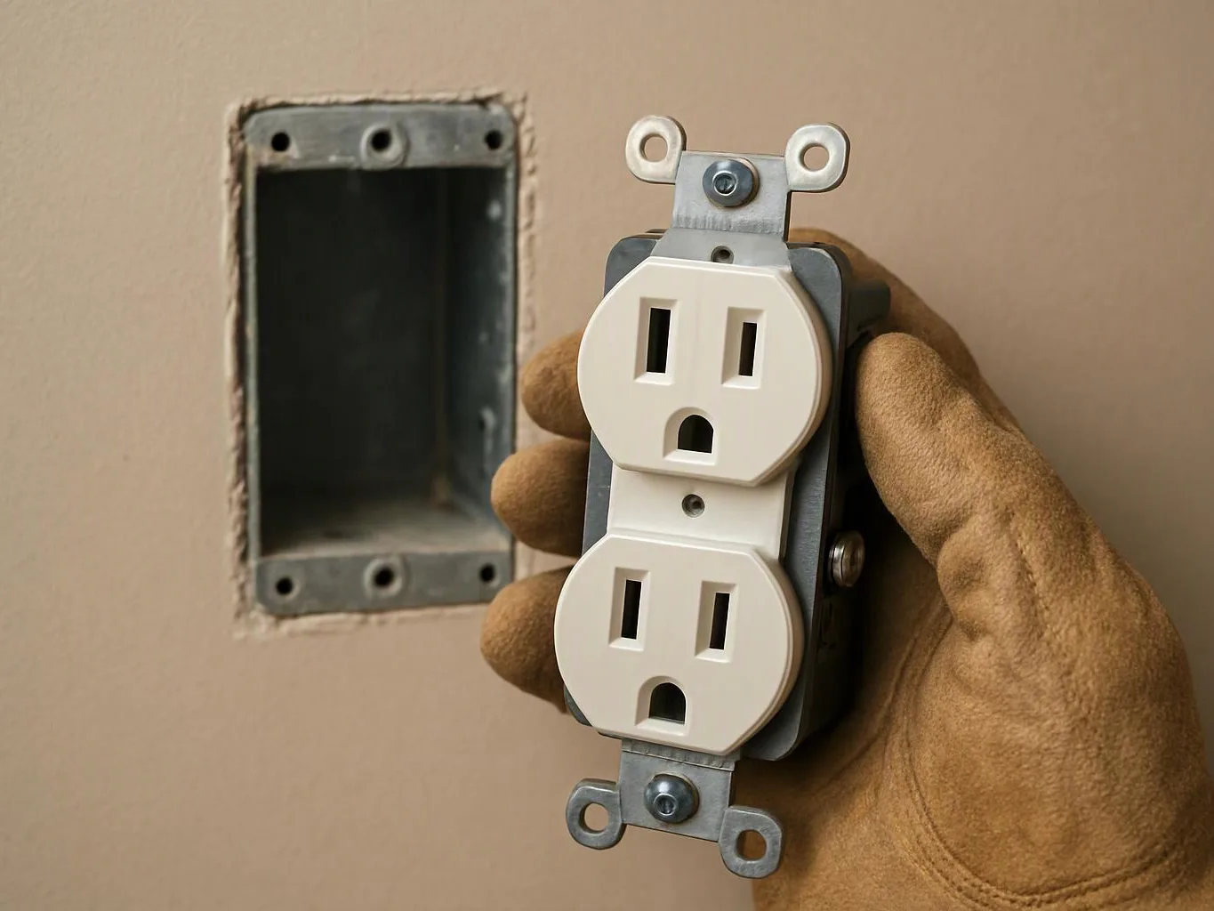 A gloved hand holds a duplex electrical outlet beside an empty wall opening