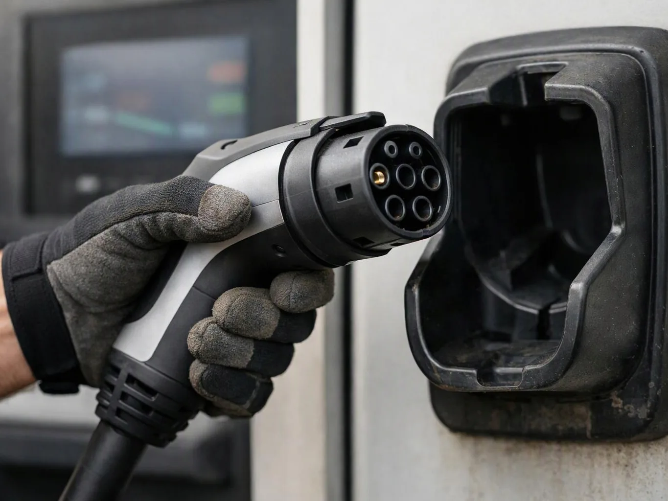A gloved hand holds an electric vehicle charging plug beside an open charging port