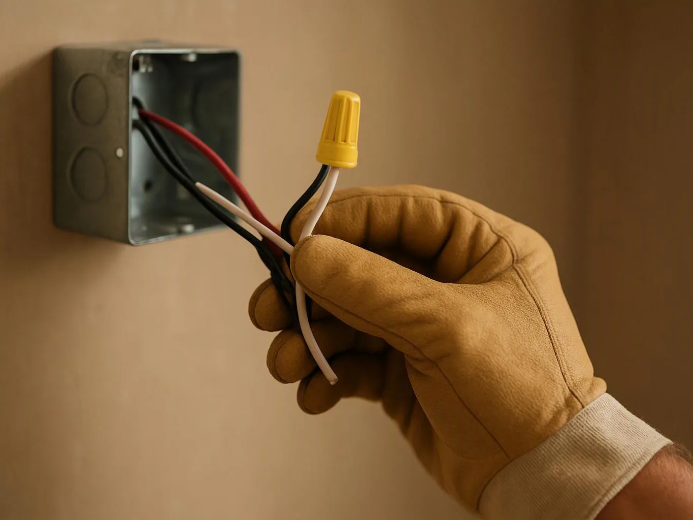 A gloved hand holds exposed electrical wires beside an open metal wall box indoors